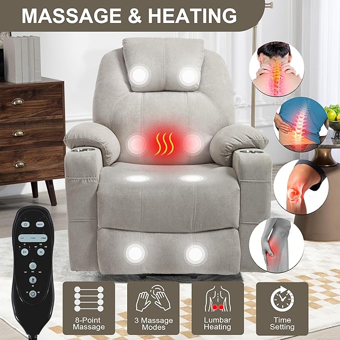 Power Lift Chair with Massage &amp Heat Electric Recliner Chairs for Adults Remote Control Sofa for Living Room Standing Assistance USB Ports Stainless Steel Cup Holders (Chenille Beige)