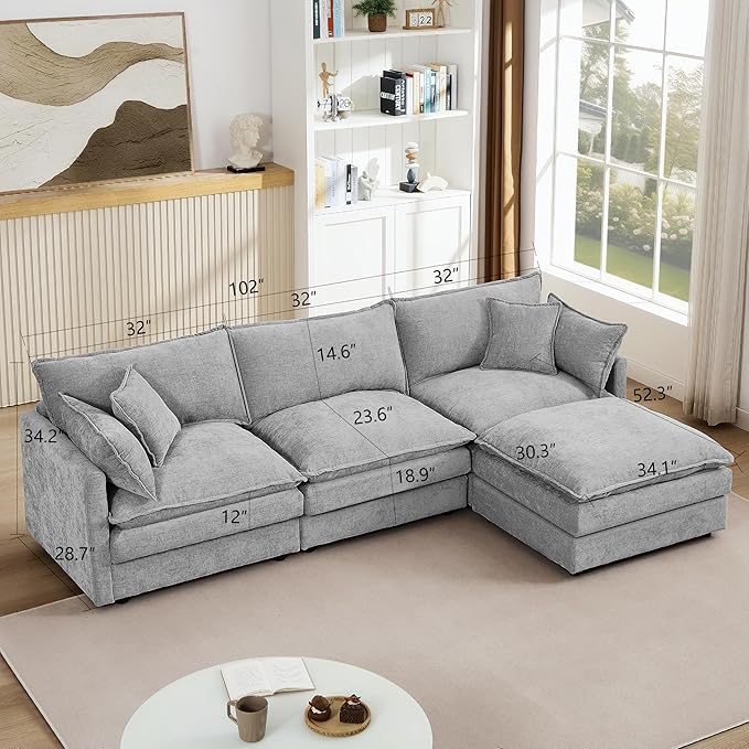 102 Cloud Sectional Couch Modular L Shaped Sofa with Movable Ottoman Comfy Chenille Deep Seat Sofa with Throw Pillows 3-Seater Cloud Couches for Living Room Apartment