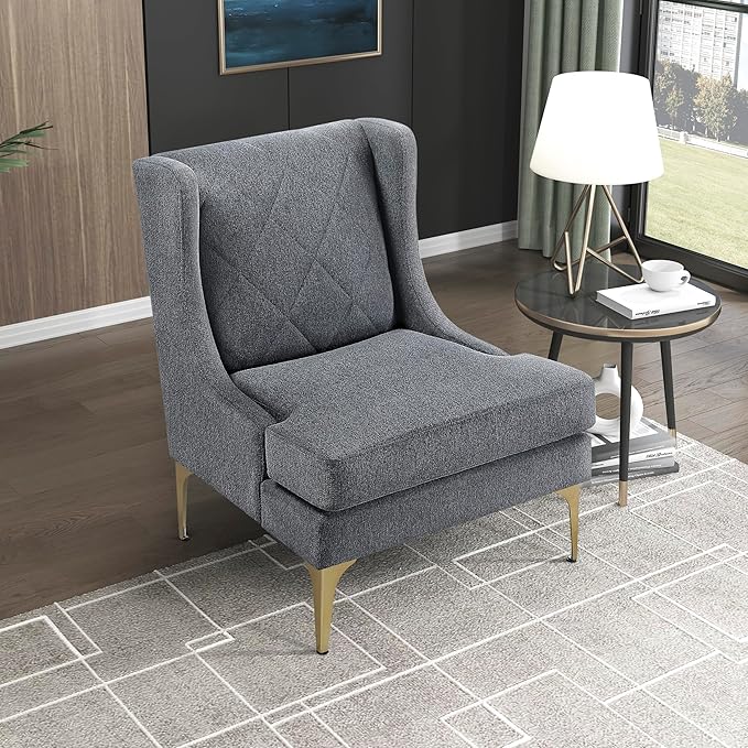 Lexicon Modern Accent Chair Living Room Chenille Upholstered Single Sofa Chair with Gold Metal Legs Wing Back &amp Diamond Stitched Back Armchair for Bedroom/Office/Waiting Room Dark Gray