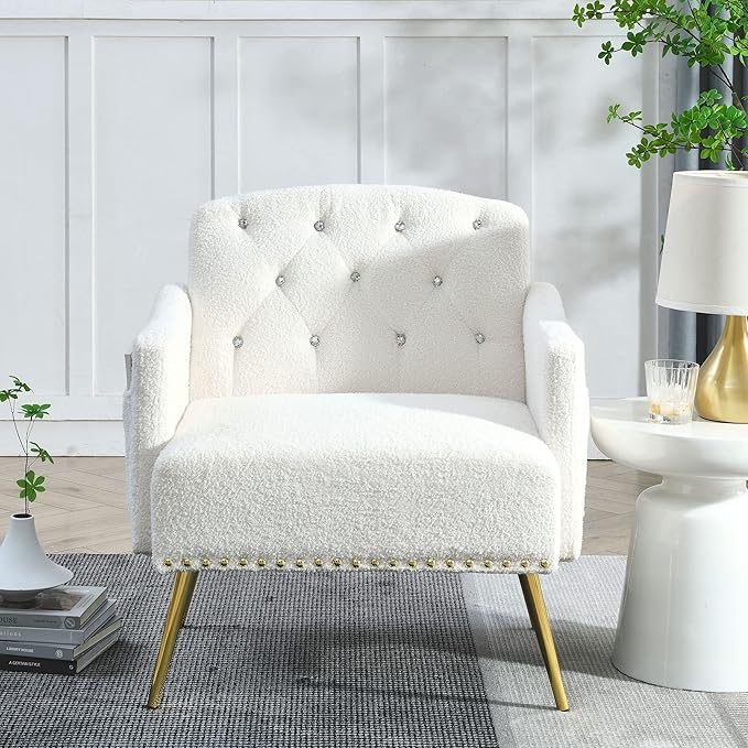 30 W Modern Chesterfield Tufted Upholstered Chair with Deep Buttons Living Room Chair Comfortable Armchair Gold Hardware Legs Tufted Chair for Reading or Relaxing White Teddy