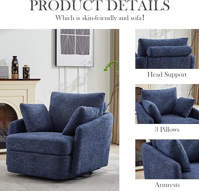 Aoiy &amp Wifon 40.55 W Oversized Swivel Accent Chair Modern Comfy Swivel Armchair for Living Room Woven Chenille Navy