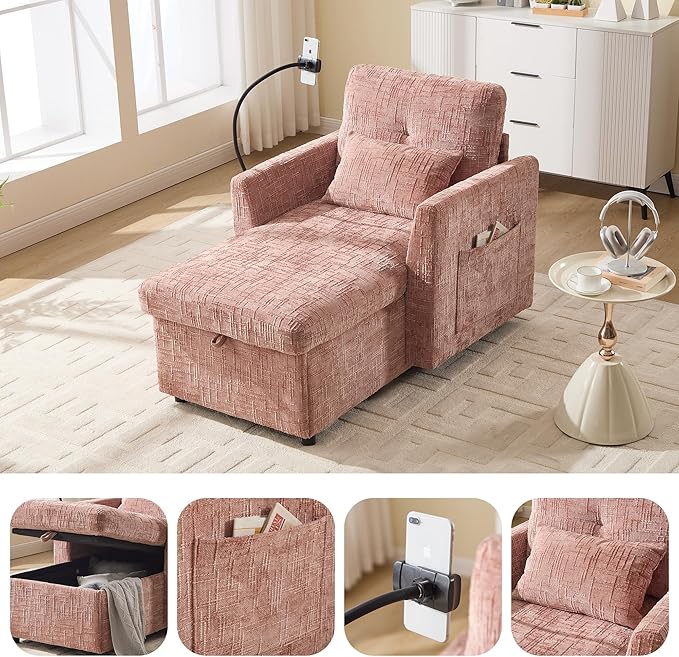 32 Comfy Chaise Lounge Sofa Bed Chair with Storage Side Pockets Phone Holder &amp 2 Pillows Modern Chenille Upholstered Sleeper Sofa Leisure Chair for Living Room Bedroom Small Spaces (Pink)