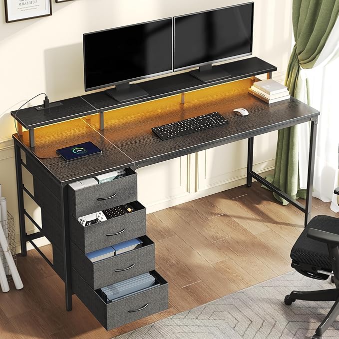 DUMOS Computer Desk with 4 Drawers4 Drawer Gaming Desk with with Power Outlets and LED LightsOffice Desk for Small Spaces with Monitor ShelfWriting Desk for Home Office BedroomStudy 39 Inch Black