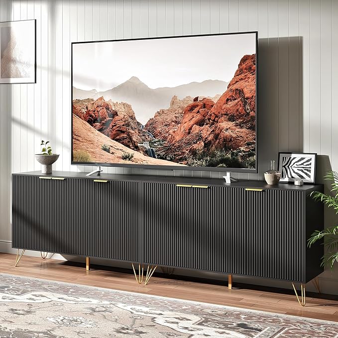 Fluted TV Stand for 100 Inch TVBlack TV Stands for Living RoomModern Entertainment Center with Storage CabinetsAdjustable Shelves &amp Gold HandlesWood Media Console for Living Room