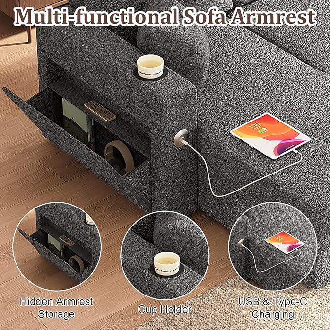 Sleeper Sofa Bed 4-in-1 Pull Out Couch with Reversible Chaise | Dual USB &amp Type-C Charging | Dual Cup Holders | Layered Storage (Armrest + Chaise) for Living Room Apartment Home Office (Dark Gr