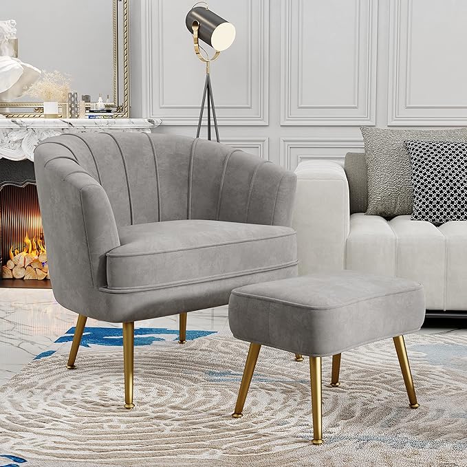 Andeworld Velvet Accent Chair with Ottoman Upholstered Modern Single Sofa Side ChairComfy Barrel Club Living Room Armchair with Golden Metal Legs for Bedroom Living Reading Room Office Grey