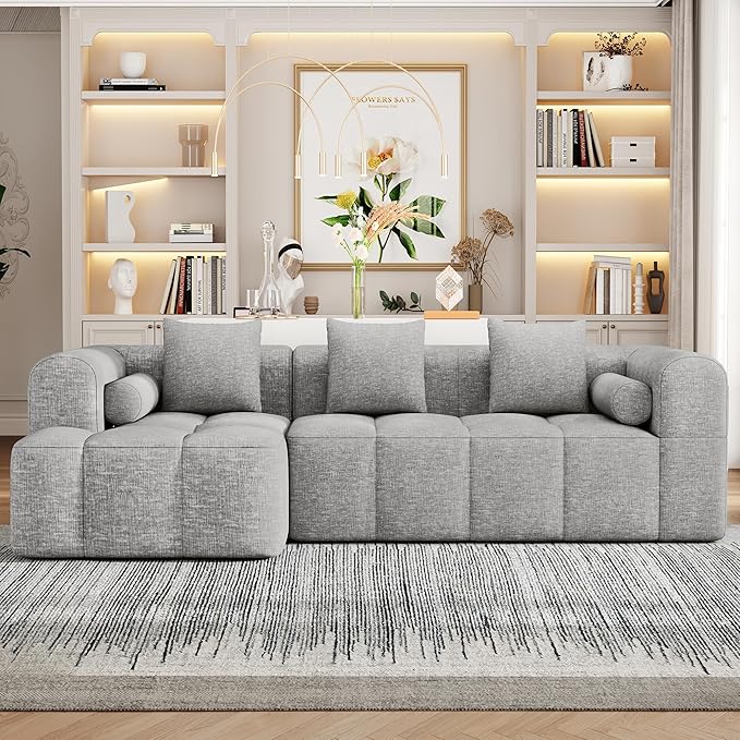 101.2 Sectional Sofa Full-Compressed Modular Couch Free-Combined Sofa with Deep Seating and Two Side Pockets for Living Room Light Grey
