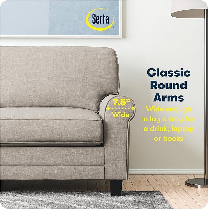 Serta Copenhagen 78 Rolled Arm Sofa Easy Care Polyester Soft Pillow Back Pocket Coil Seat Cushions Removable Covers Loveseat or Couch for Small Spaces Living Rooms or Bedrooms Light Gray