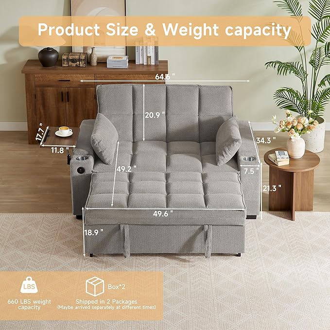 65'' Convertible Sleeper Sofa BedExtra Thick Cushion Polka dot Velvet Pull Out Futon Couch with Storage handrails &amp Rotating Side TablesConvertible Sofa Couch for Living RoomRV (07S-Khaki)