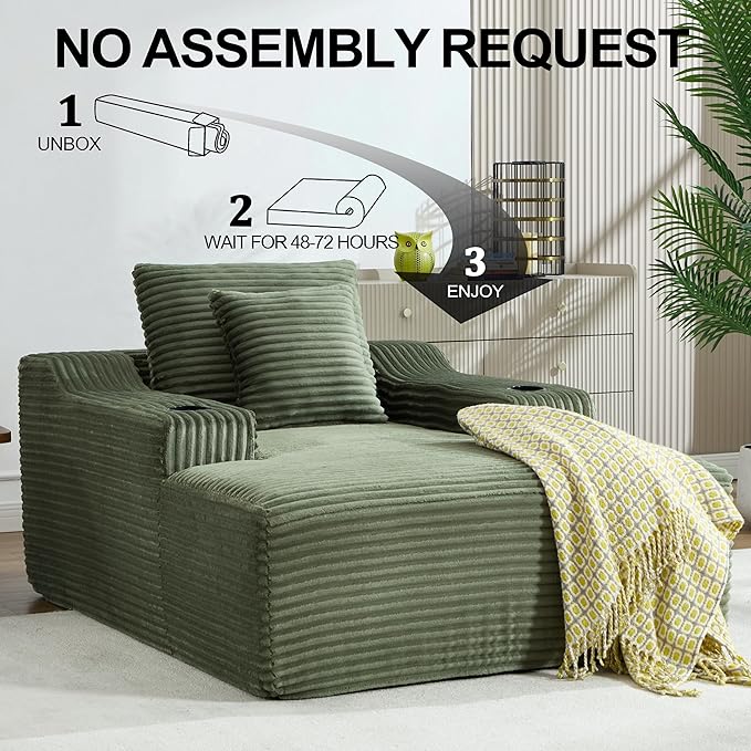 Chaise Lounge Chair Indoor Cloud Sofa Bed with Cup Holders Corduroy Upholstered Couch with 17.71 Seat High Lazy Sofa Bed for Living Room Apart Fully Assembled - Green