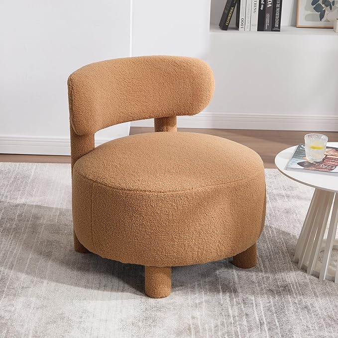 Dgcoab Upholstered Club Chair Curved Back Accent Single Sofa Solid Wood Legs Comfort Single Reading Lounge Sofa Boucle Accent Chair for Living Reading Bedroom Brown