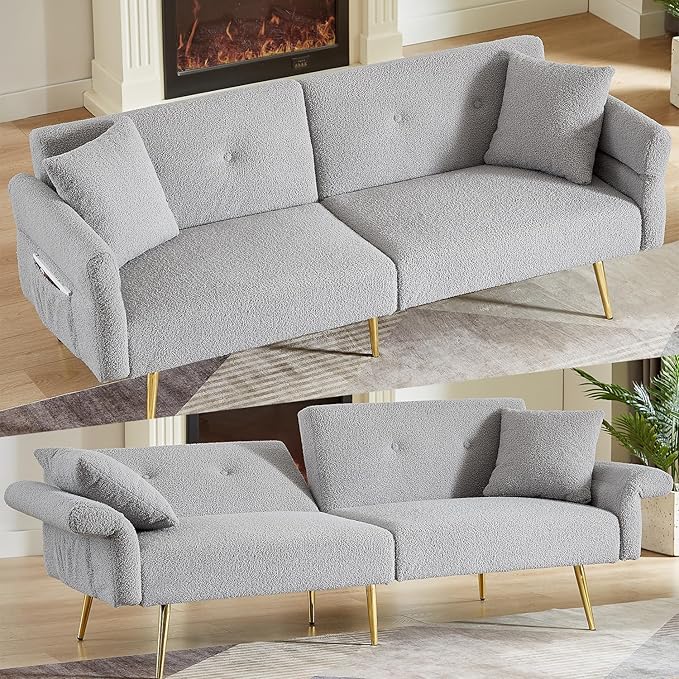 69.5 Grey Convertible Futon Sofa Bed with Adjustable Backrest and Armrests Teddy Upholstered Loveseat Sleeper Couch with 2 Pillows and Metal Legs Love Seat for Guest Room Living Room (Grey)