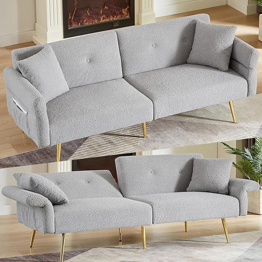 69.5 Grey Convertible Futon Sofa Bed with Adjustable Backrest and Armrests Teddy Upholstered Loveseat Sleeper Couch with 2 Pillows and Metal Legs Love Seat for Guest Room Living Room (Grey)