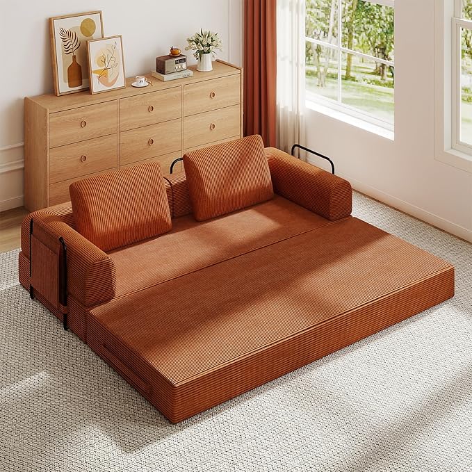 KEIKI 79 Corduroy Sleeper Sofa Bed with Fixed Frame 3-Seat Convertible Couch with Cylindrical Pillow Folding Mattress Sofa for Small Space Living Room Bedroom Lounge Vibrant Orange
