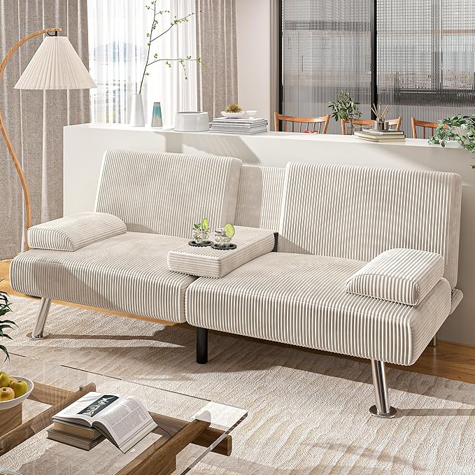 Shahoo Modern Upholstered Convertible Folding Futon Sofa Bed with Removable Armrests Metal Legs 2 Cup Holders for Living Room Beige