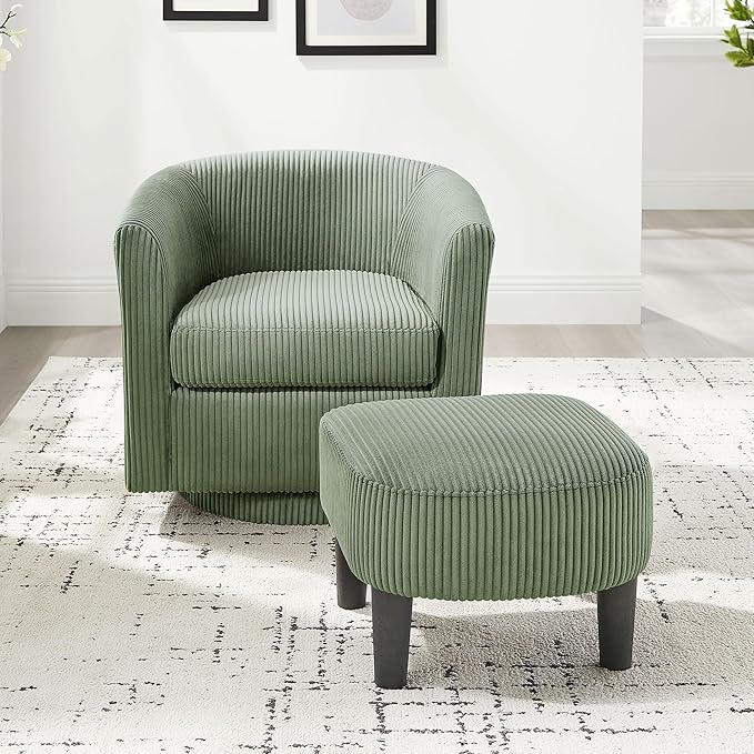 360° Swivel Accent Chair with Ottoman - Comfy Corduroy Recliner Armchair Single Sofa for Living Room &amp Bedroom (Green)
