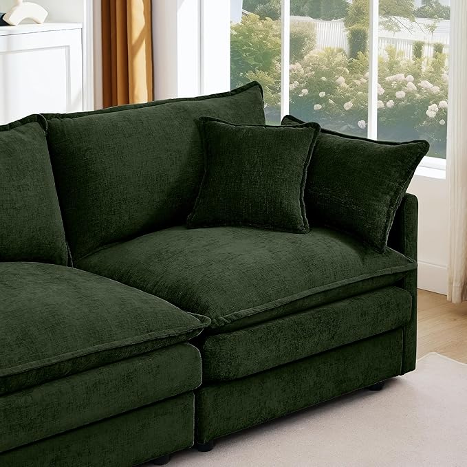 Green Sectional Modular Sofa Cloud Couch 105 Modern Convertible L-Shape Sofa Deep 3-Seater Soft Chenille Comfy Upholstered with Removeable Ottoman Set and Removable Cushions for Living Room