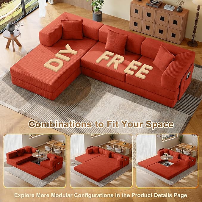 107 L-Shaped Modular Sofa Bed Multi Convertible Boneless Floor Couch Cozy Corduroy Sleeper Couch Sectional Futon Lounge for Living Room &amp Rest Area with 3 Exquisite Throw Pillows | Orange | So