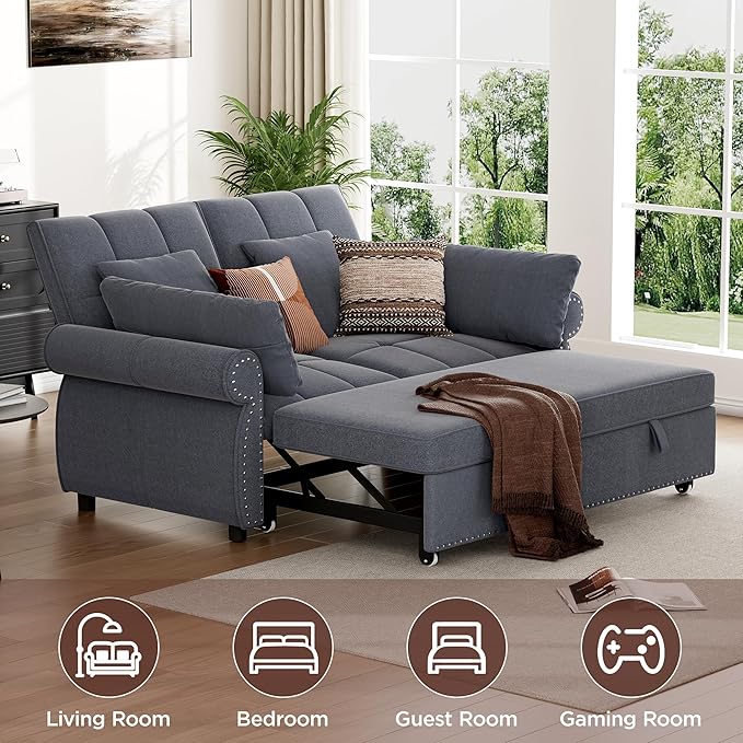 3 in 1 Sofa Bed 61 Inch Convertible Pull out Couch with Four Pillows Loveseat Sleeper Sofa with Adjustable Backrest Sofa Couches for Living Room Bedroom Apartment Chenille Fabric Grey