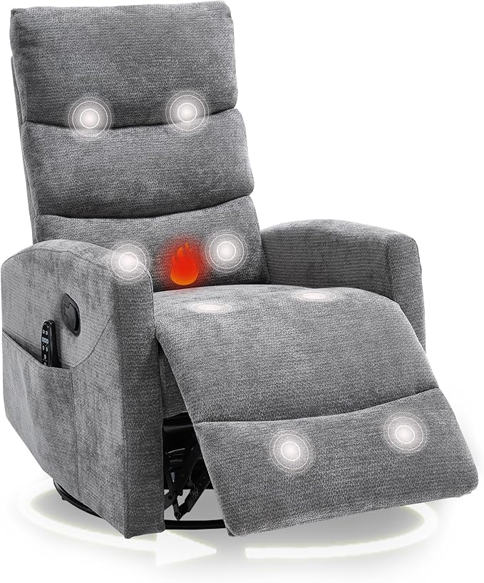 cinkehome Small Swivel Rocker Recliner Chair with Heated Massage Upholstered Nursery Glider Recliner Chair High Back Side Pocket (Grey Chenille Fabric)