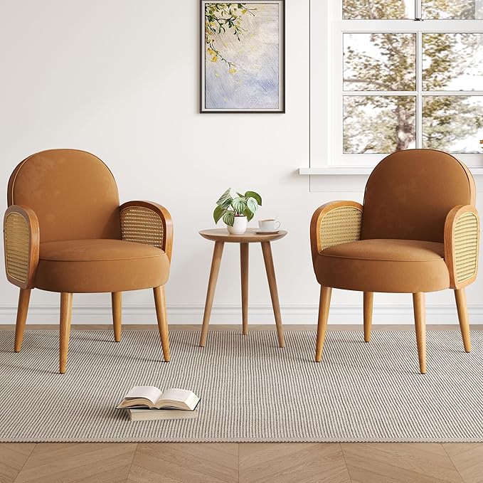 Mid Century Accent Chair with Rattan Armrests Wooden Legs for Living Room Reading Bedroom Balcony Brown