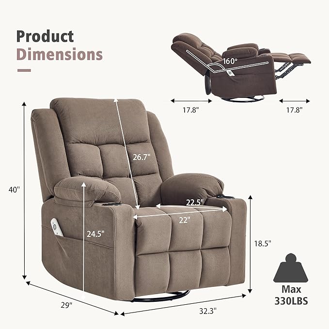 Swivel Rocker Recliner Chair for Adults with Massage and Heat Cup Holders and Side Pockets Glider Rocking Reclining Single Sofa Chair for Living Room (Coffee)