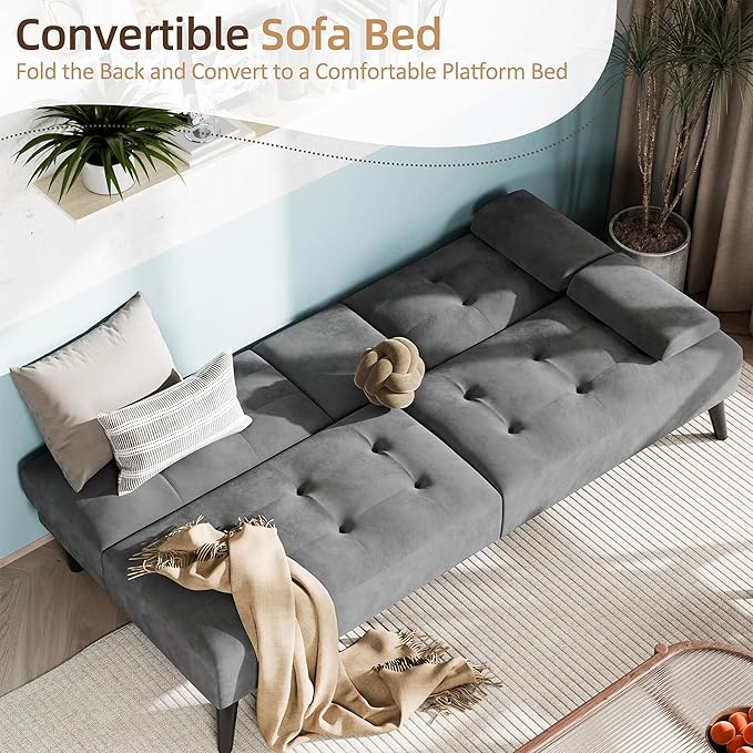 Shintenchi Futon Sofa Bed Velvet Foldable Couch Reclining Sleeper with Removable Armrests Upholstered Loveseat Sofa Couch with Folding Cup Holders for Home Office Dark Gray