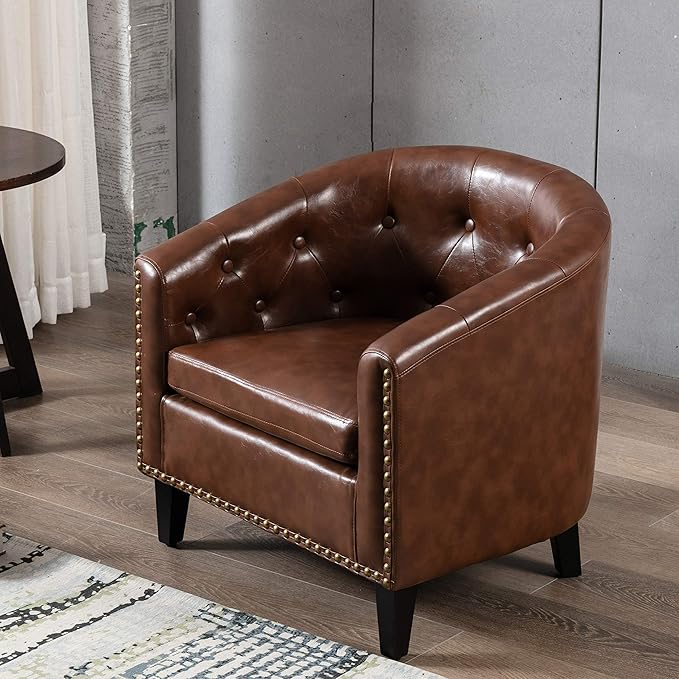 Generic PU Leather Tufted Barrel ChairTub Chair for Living Room Bedroom Club Chairs Dark Brown