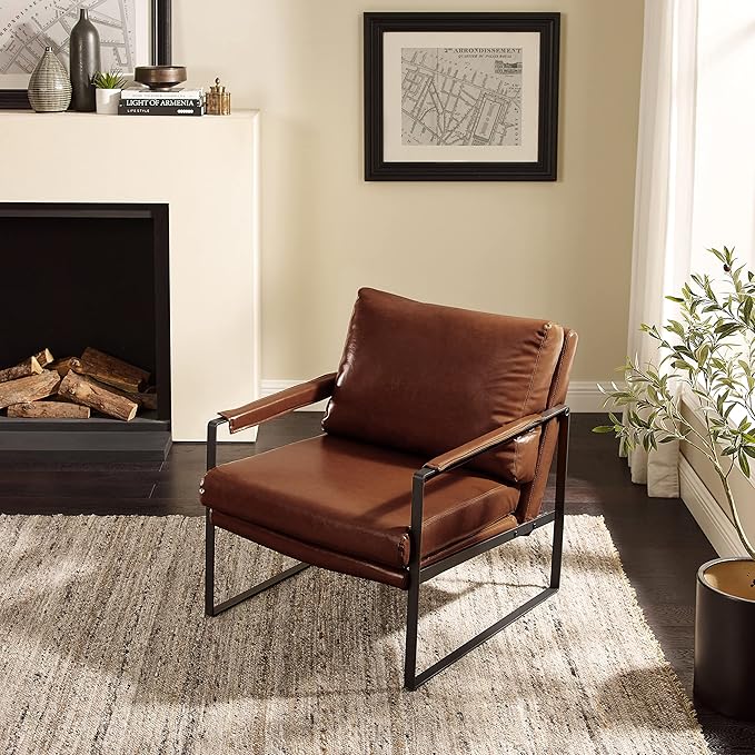 Art Leon Chairs for Bedrooms Set of 2 Mid Century Modern Chair Faux Leather Accent Chair for Living Room Chair Lounge Chair with Black Metal Legs Red Brown