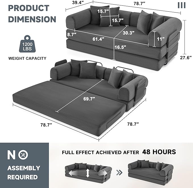 79 Oversized Boneless Couch with 4 Pillows5 in 1 Convertible Sleeper Futon Sofa Bed with Deep SeatCorduroy Foldable Modular Floor Pull Out Couch for Living RoomNo AssemblyGray