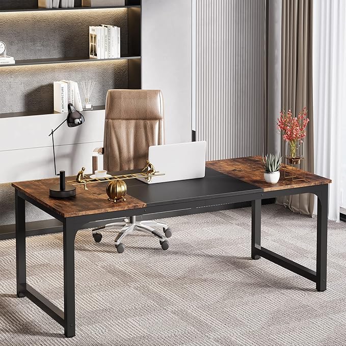 LITTLE TREE 70.8 Inch X-Large Executive Computer Office Desk Brown+Black
