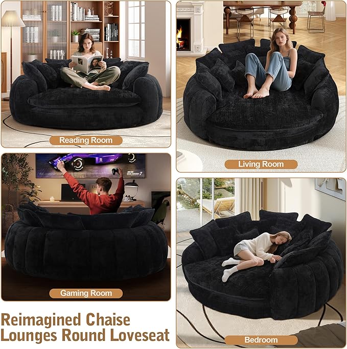 82'' Oversized Upholstered Sofa Bed Round Chaise Lounge Chair Indoor Modern Chenille Boneless Couch No Assembly Required Plush Sleeper Chair with 14 Pillows for Living Room Black