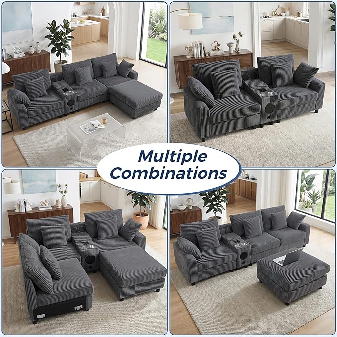 114 Corduroy Modular Sectional Sofa with Bluetooth Speakers &amp USB Ports Deep Seat L Shaped Couch with Storage Console Cup Holders Movable Ottoman Cloud Comfy Gaming Sofa for Living Room (Gray