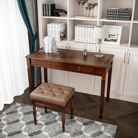 Solid Wood Makeup Vanity Table Set 46.1 Large Dressing Vanity Table with 2 Drawers and Vanity Bench Stool Writing Desk with Solid Wood Legs &amp Button Tufted Cushioned Stool Cherry&ampLight Brow