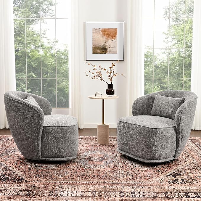 KINWELL 33 W Mid Century Modern Swivel Barrel Chair Set of 2 Upholstered Boucle Swivel Accent Chairs No Assembly Sofa Chair with Toss Pillow for Living Room Bedroom Reading Nursery (Light Gray)