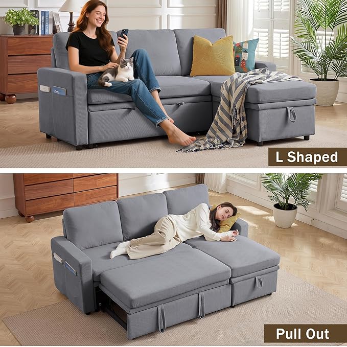 Convertible Sofa Bed L-Shape Sectional Sleeper Sofa with Storage Chaise Modern Polyester 3 in 1 Pull Out Couch Bed for Living Room Light Grey