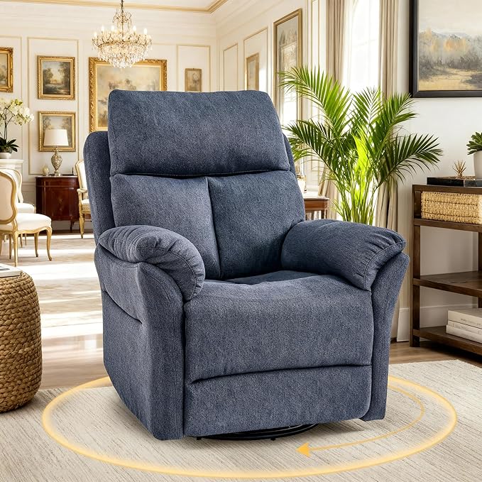 Oversized Rocker Recliner Chair Manual Swivel Rocking Recliners with Adjustable Backrest Footrest for Adults 360° Swivel Lazy Boy Recliner Chairs for Living Room Reading Bedroom Blue