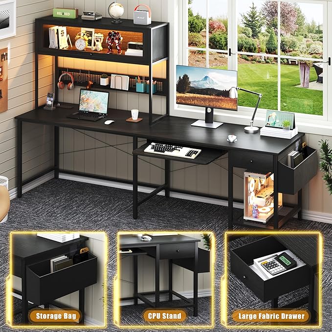 L Shaped Gaming Desk with Power Outlets &amp LED Lights 49'' Reversible Computer Desk with Hutch &amp Pegboard &amp Display Cabinet Corner Home Office Desk with Drawer &amp Keyboard Tray &amp S