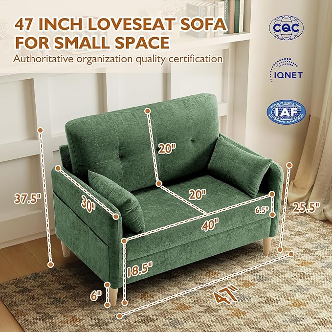 47 Small Sofa Couch for Bedroom Soft Chenille loveseat Mini Couch with Throw Pillow and Removable Cushion Cover for Small Spaces Living Room Apartment Dorm Office(Green)