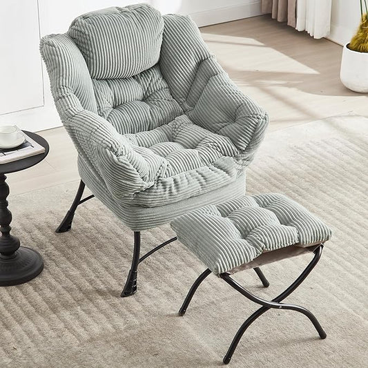 QQU Lazy Lounge Chair with Ottoman Plush Reading Armchair with Footrest &amp Side Pocket Indoor Accent Chair and Ottoman Set for Living Rooms Bedrooms Small Spaces Dorms Apartments Light Green