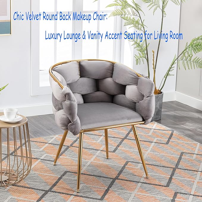 Luxury Velvet Accent Chair with Gold LegsModern Stylish Cosmetic Chair for Desk Living Room or BedroomComfortable Single Sofa Chair for Home Office (Gray)