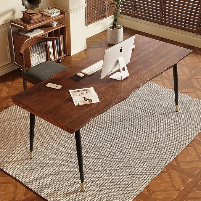 Solid Wood Desk 55 inches Home Office Computer Desk Wooden Rustic Writing Desk Metal Modern Simple Design Executive Real Wood Desk(Walnut)
