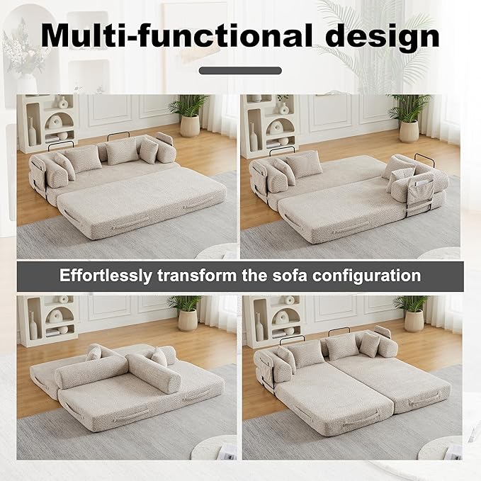 4-in-1 Folding Convertible Floor Sofa Bed 78 Oversized Compression Sofa No Assembly Required King Futon Lazy Couch Corduroy Loveseat Sleeper with Pull Out Bed Modular Futon Couch (Khaki &amp Styl