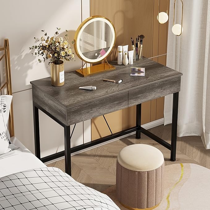 Mexin Small Desk with 2 Wooden Drawers 40 Inch Home Office Writing Desk Vanity Desk with Storage Computer Desk for Bedroom Small Spaces Table for Office Work Kids Study Makeup Gray Oak