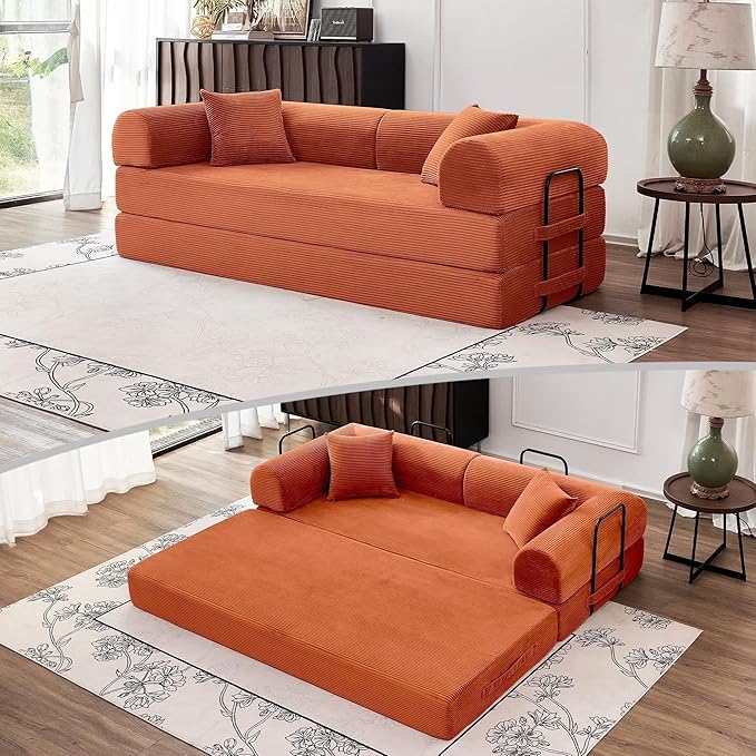 79'' Folding Convertible Sofa Bed Boneless Modular Couch 5-in-1 Pull Out Floor Sleeper Lounge Loveseat for Living Room Bedroom Multi-Function Foldable Sofa (Orange)