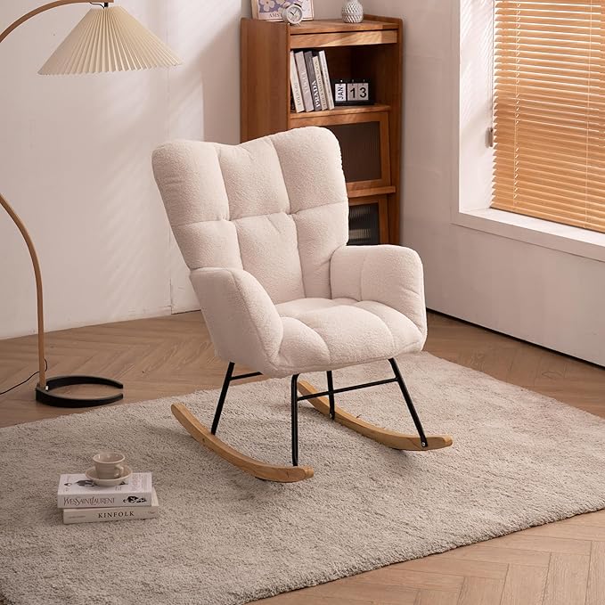 Swinging Chair Daycare Teddy Cushion high backrest Gliding Joystick Reading Chair Modern Swinging Accent Chair Gliding Lounge Chair Suitable for Living Room Daycare Bedroom (Ivory)