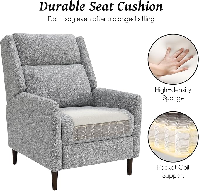 leovanni Push Back Recliner Chair Fabric Upholstered Recliner with Adjustable Backrest and Footrest Modern Comfy Reclining for Living Room Bedroom Small Spaces Gray
