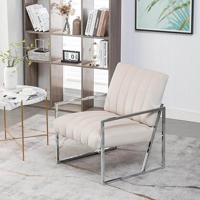 Generic Velvet Vertical Stripe Armchair Gold Metal Frame Accent Chair Suitable for Living Room BedroomBeige