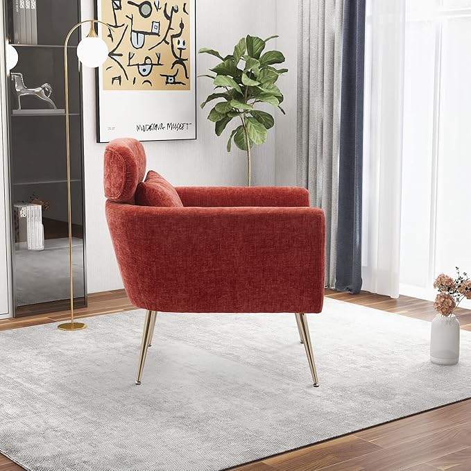 29.5W Modern Chenille Accent Chair Armchair Upholstered Reading Chair Single Sofa Leisure Club Chair with Gold Metal Leg and Throw Pillow for Living Room Bedroom Dorm Room Office Terracotta Chenille