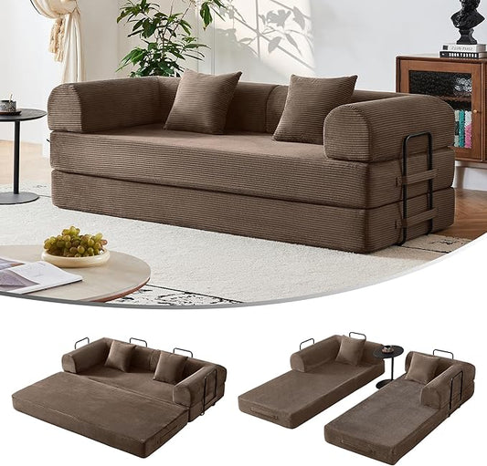 5-in-1 Convertible Sofa Bed | 79 Fixed Frame with High-Resilience Memory Foam Easy Setup | Durable Corduroy Converts to Full Bed Great for Family Living Room (Brown)